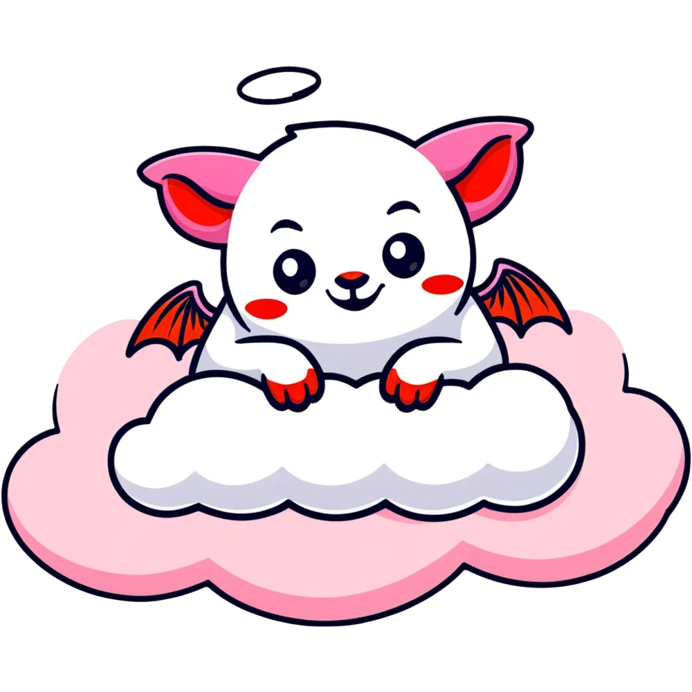 pink possum with angel wings and red devil horns, lounging on a cloud, sparkly celestial background, evil grin emoji