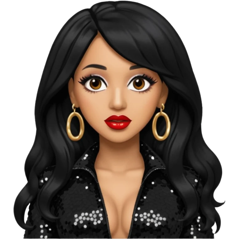 Cardi B with long jet black hair, black sequin outfit emoji