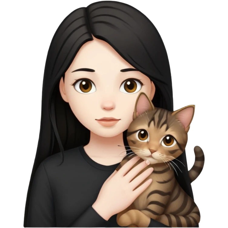 a  girl with black long hair with a brown tabby with black shirt emoji