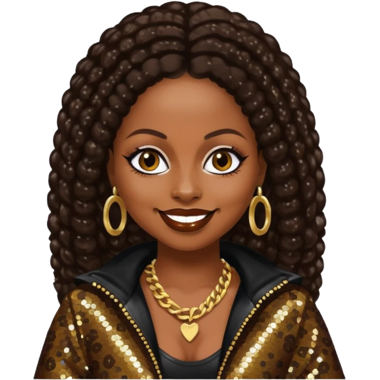 Foxy Brown, Rapper with dark brown hair, black sequin outfit emoji