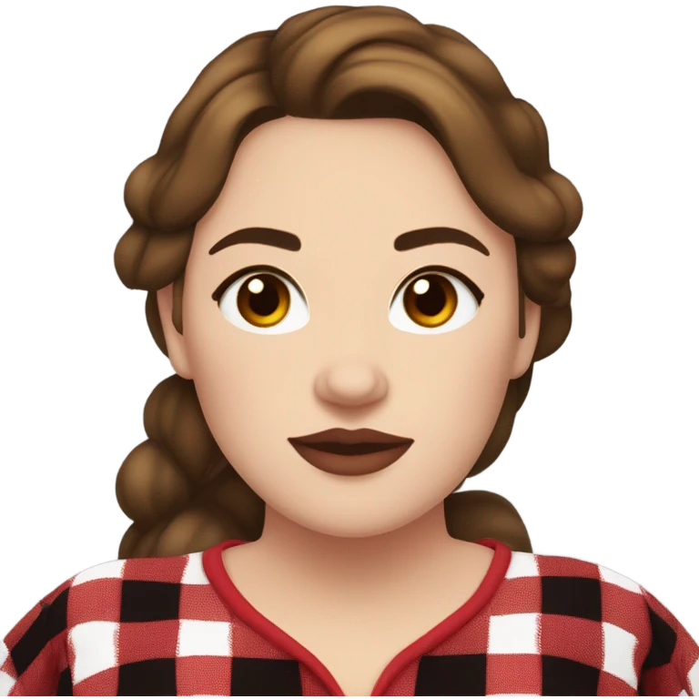 Plus size woman with brown hair and brown eyes wearing red and black buffalo plaid pjs. White skin. emoji