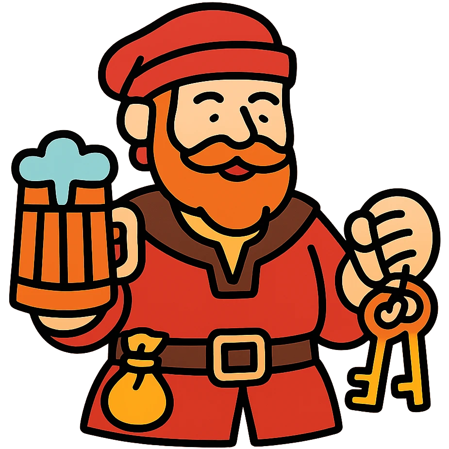 Fantasy tavern owner with red outfit, holding mug and keys to the establishment. RPG innkeeper with money pouch. emoji