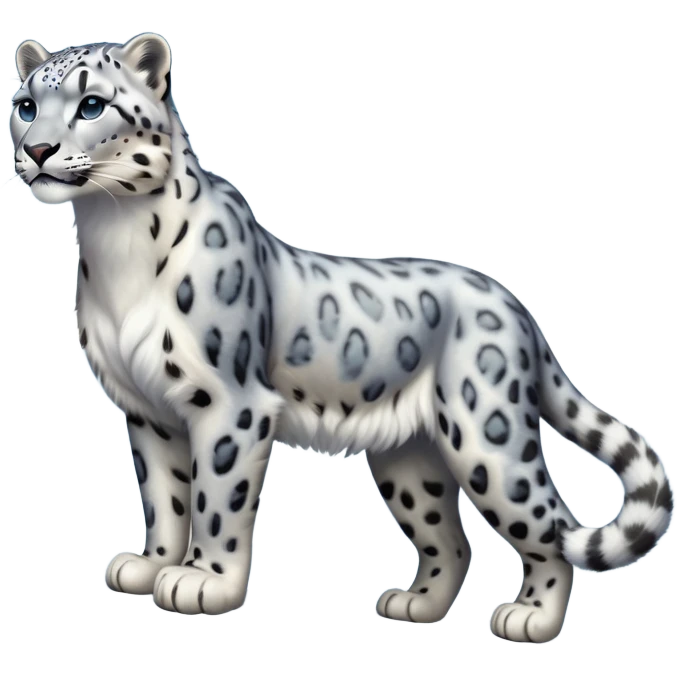 Cinematic-Snow-Leopard-Realistic-Full-Body-Standing-Emoji – Tail curled gracefully, head tilted dramatically, dense spotted fur shimmering in the cold mountain air, powerful yet elegant frame, simplified yet realistic focused features, highly detailed, glowing with an almost sarcastic glow. emoji