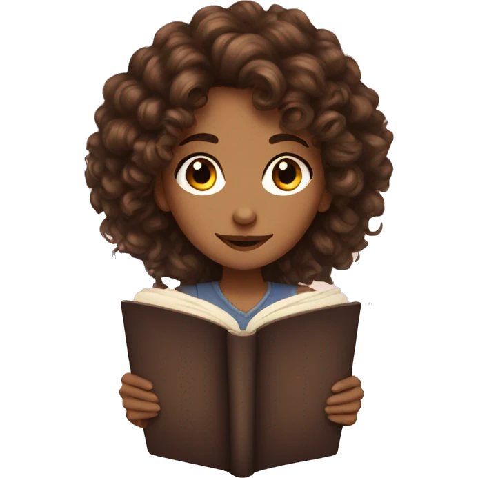 A young woman with curly brown hair and brown eyes looks into a book emoji