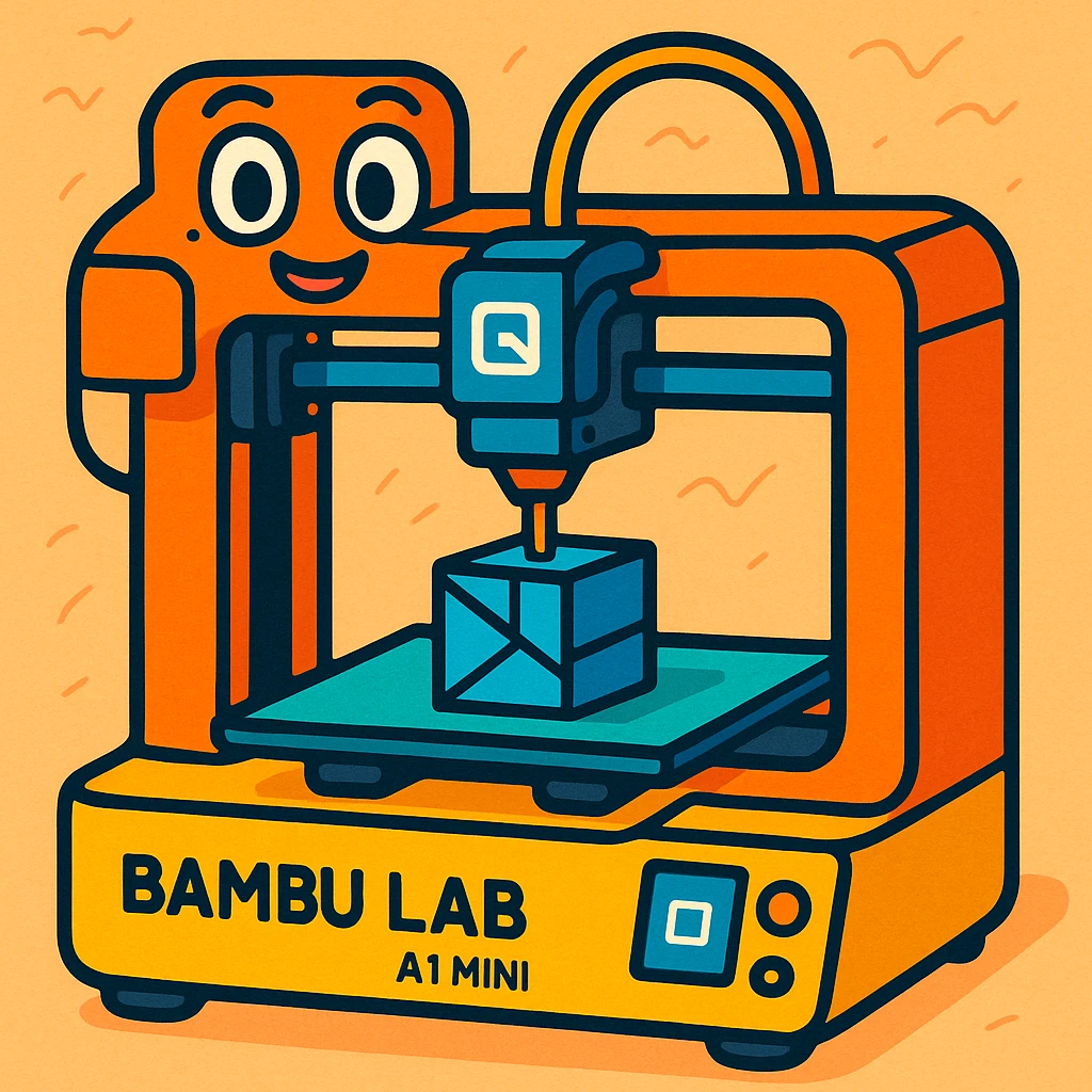 3D printer Bambu Lab A1 Mini, stylized, cartoon, friendly appearance emoji