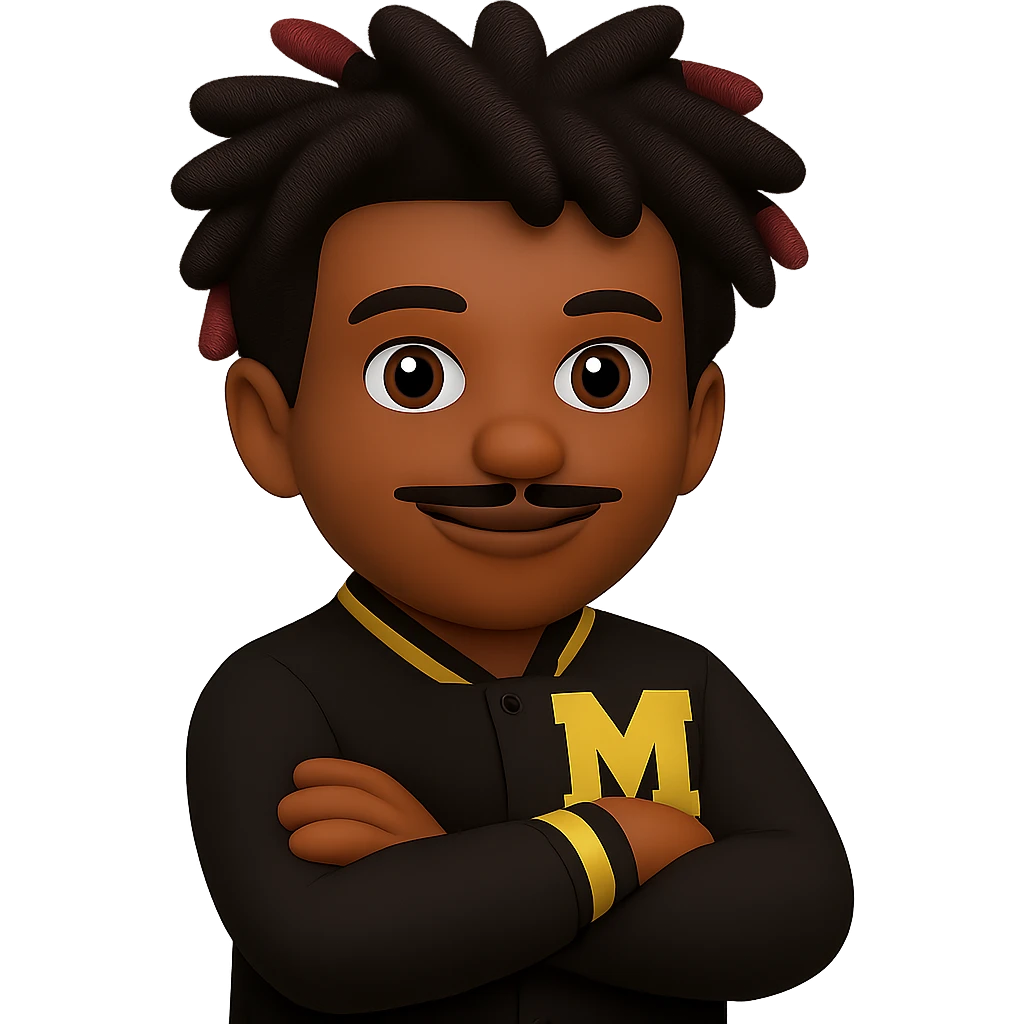Change the mustache to a thin pencil mustache on the male African American emoji wearing a letterman jacket with an M on it, arms crossed and smiling. Keep the background transparent. The style is a male African American emoji with a letterman jacket and an M on it, arms crossed and smiling. emoji