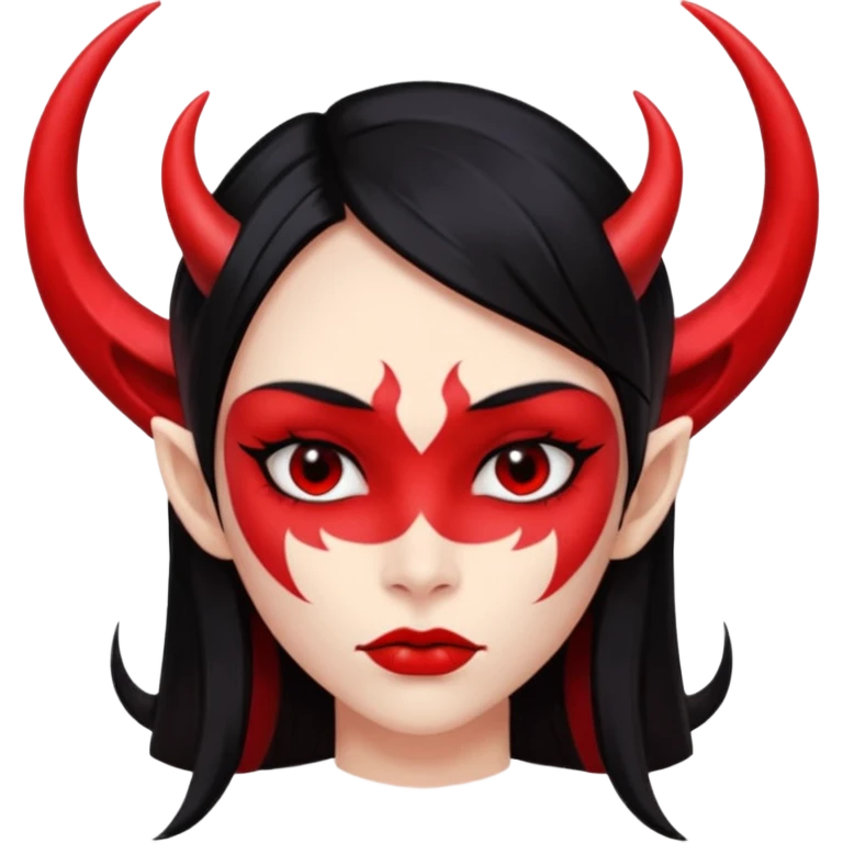 Head only demon girl; face with pronounced cheekbones and angular jaw; skin is uniform pure red (#FF0000) everywhere; long straight smooth black hair; small horns emoji