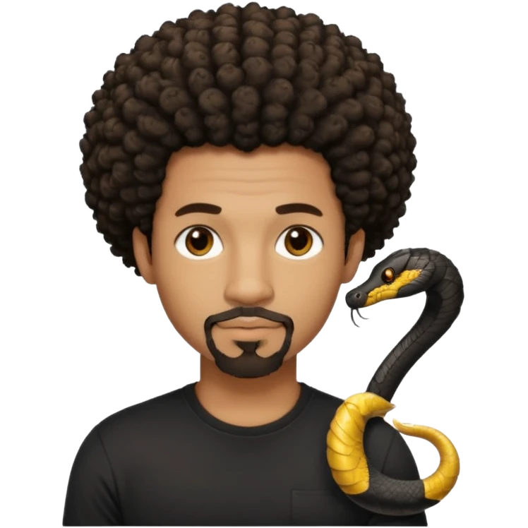 Homme noir, yeux marron avec un bouc sans la moustache, cheveux court et bouclé crépus avec un dégradé sur le côté, avec un cobra à côté , t-shirt noir  emoji
