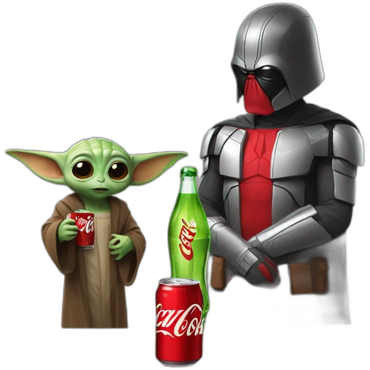 Spooderman with coca cola and drinking it with baby yoda emoji
