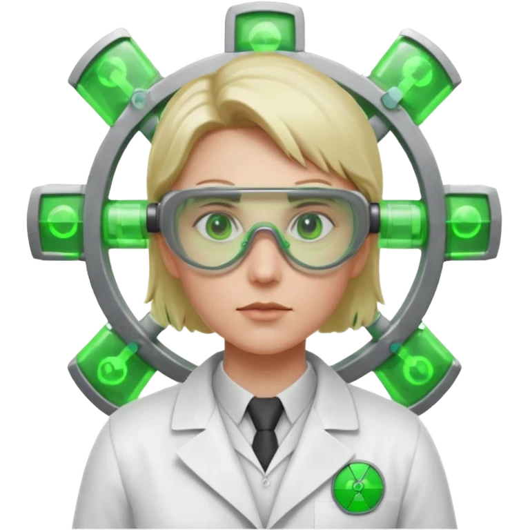 nuclear scientist portrait, head and shoulders only, wearing lab coat collar, protective goggles, glowing green radiation symbol badge, serious expression, sci-fi laboratory vibe, 3D cartoon, mobile game icon style, clean background, no text, no watermark
 emoji