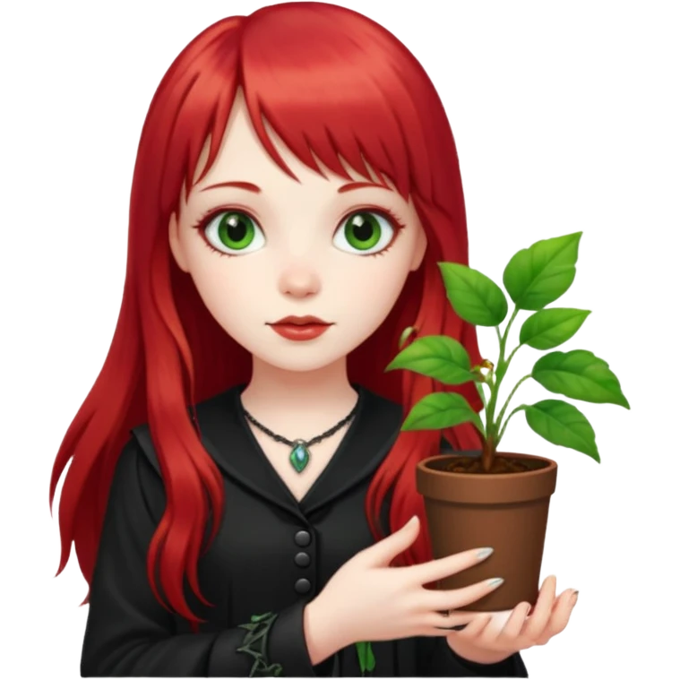 a gothic girl with long red hair and bangs holding a lucky pin and plant emoji