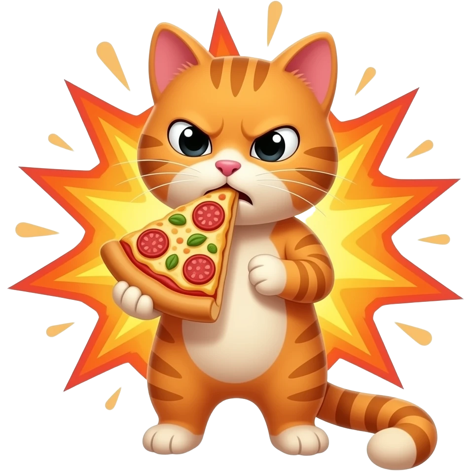 Orange cat eating pizza and making an ugly face while the pizza explodes emoji