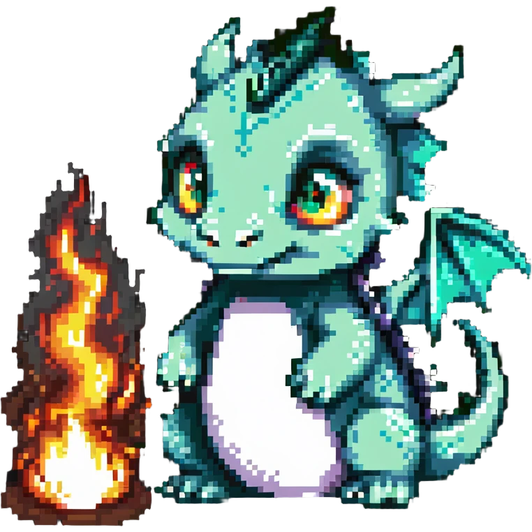 cute baby dragon breathing fire, dark green emoji