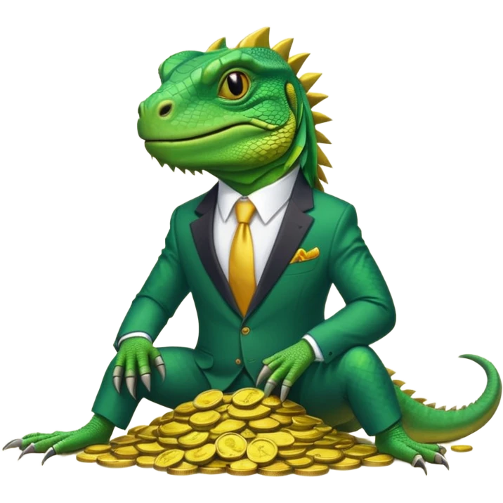 capitalist iguana in suit lying resting on coins emoji