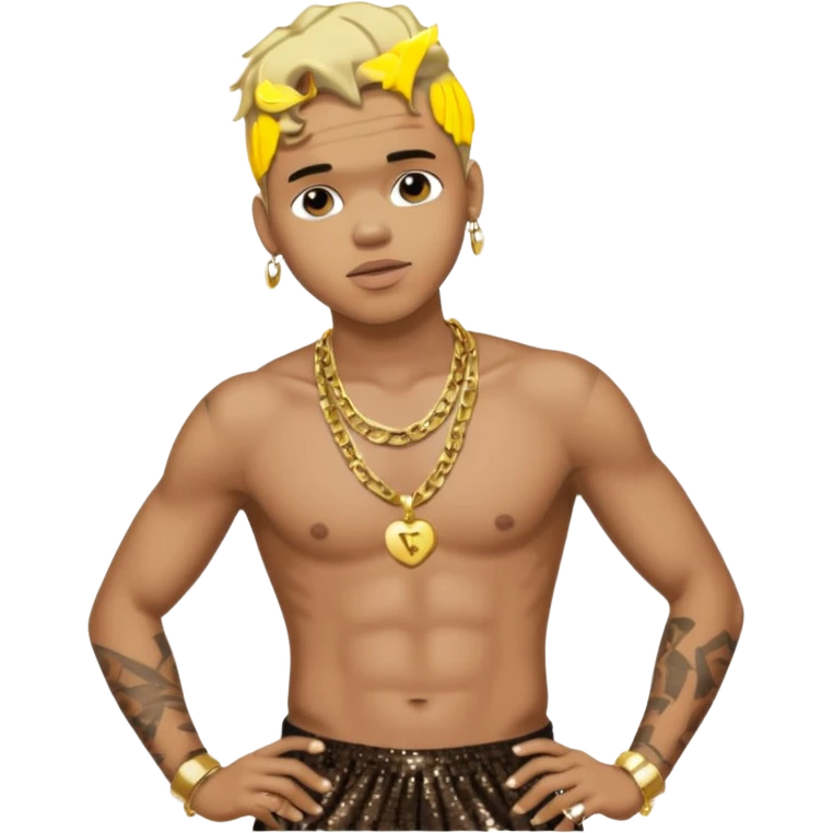 Chris Brown with blonde hair, dark brown sequin baggy pants, shirtless with necklace emoji