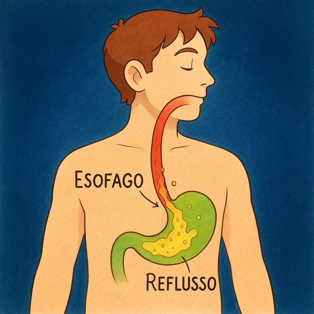 Medical illustration in Italian: stylized man, red esophagus, acid rising from the stomach. Labels: 'Esofago', 'Stomaco', 'Reflusso'. Dark blue background, illustrative style. emoji