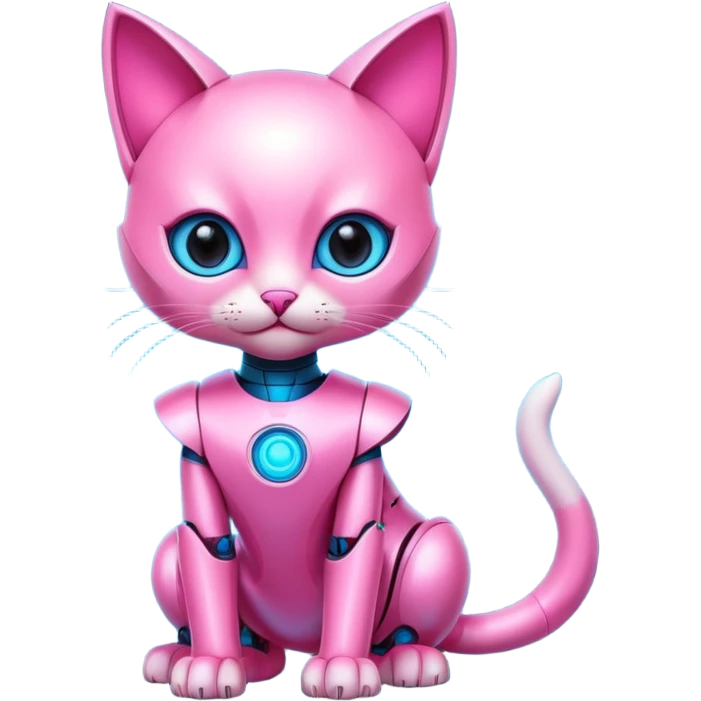 Robot kitten with pink and neon blue eyes and neon dress emoji