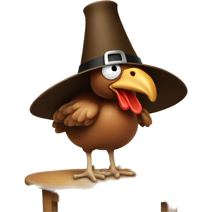 Turkey with pilgrim hat under sitting on top of table with pilgrims emoji