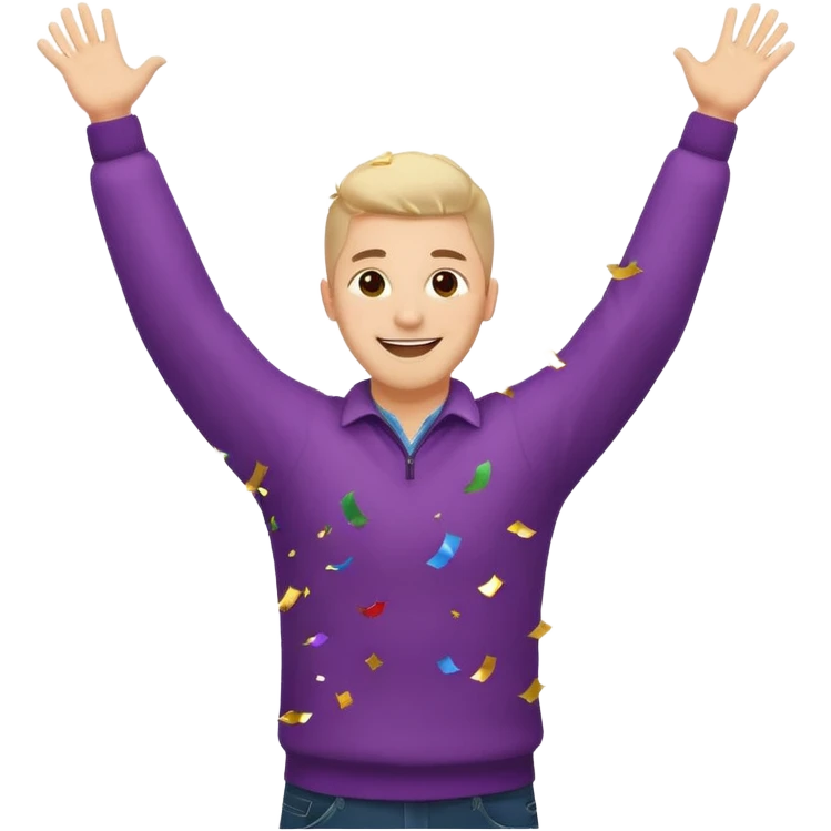 hombre sonriendo saltando con los brazos hacia arriba saltando, con explosivos, confites volando, emoji