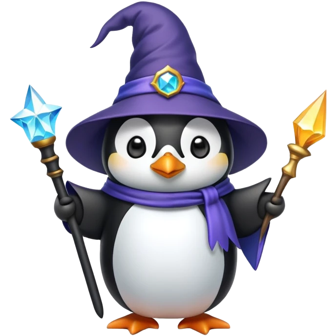 Penguin wizard with magical wand and wizard hat emoji