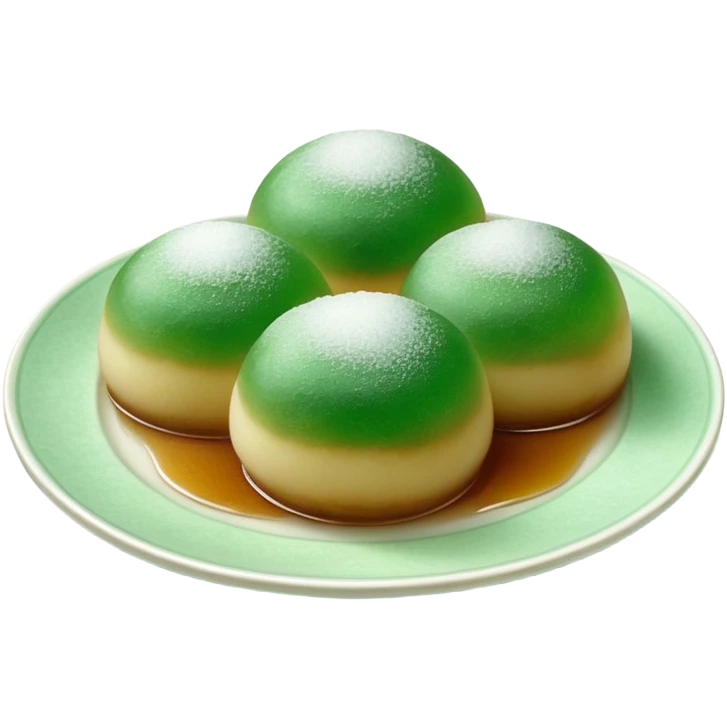 four green spherical warabi mochi on the plate emoji
