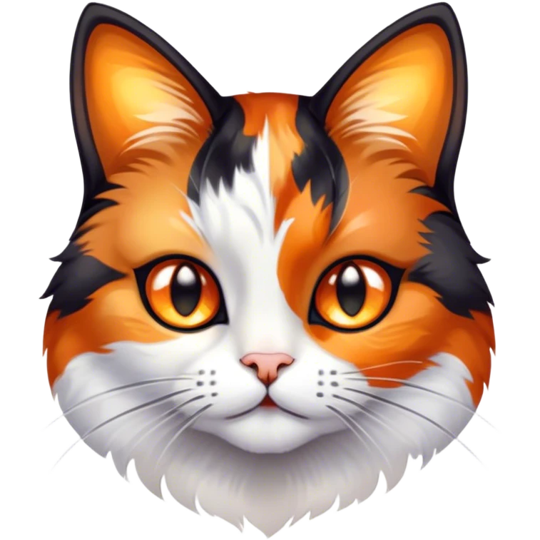 Cinematic Cute Calico Cat Portrait Emoji, Head tilted playfully with sparkling, inquisitive eyes and a charming patchwork fur of orange, black, and white, simplified yet irresistibly adorable, highly detailed, glowing with a warm, inviting glow, high shine, bubbly and affectionate, styled with a touch of whimsical feline charm, soft glowing outline, capturing the essence of a delightfully cute calico cat that looks as if it could prance off the screen into your heart! emoji