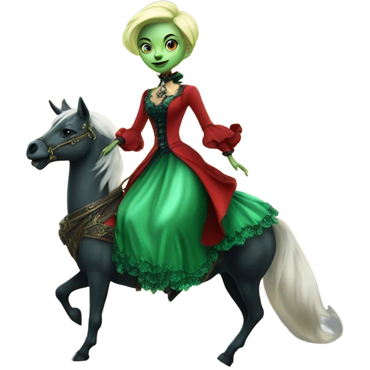 "galora green blonde alien woman" in red Victorian dress elegant, full body, on pegaso emoji