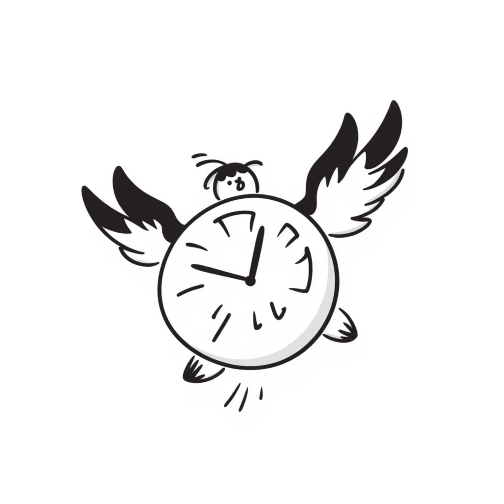 whimsical hand-drawn doodle of a clock with wings, notion style emoji