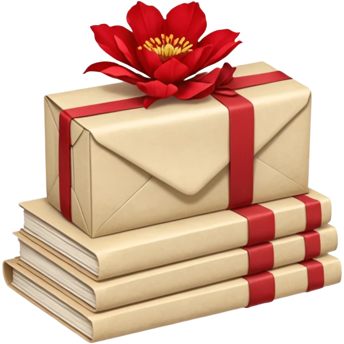 A beautifully arranged Stack of aged letters, tied with a red ribbon, envelopes, corespondence, aesthetic, red flower petals around, mails emoji