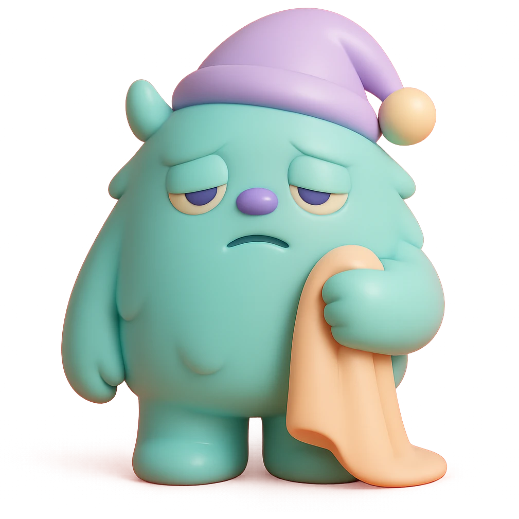 fluffy monster wearing a nightcap, holding a blanket, eyes drooping, soft lighting, vinyl figure style emoji