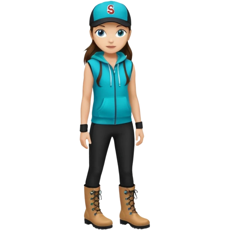 A landscaper in a beautiful turquoise hoody and turquoise rubber boots, black pants, and a black sleeveless shirt. On her head is a black color Swissotel baseball cap. The girl is a brunette with blue eyes. emoji