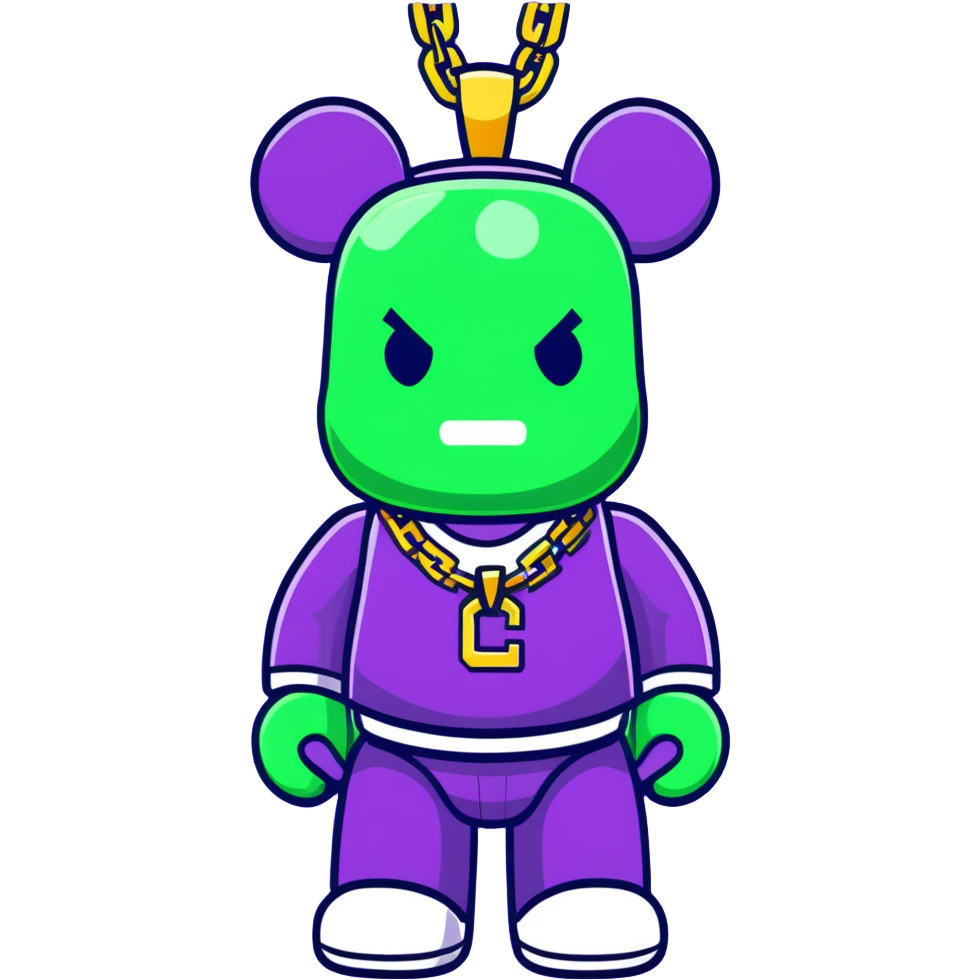 classic bearbrick figure with lime green mask covered in chaotic brand logos, wearing several large gold chains, gold pendant, rapper style accessories, expressive eyebrows emoji