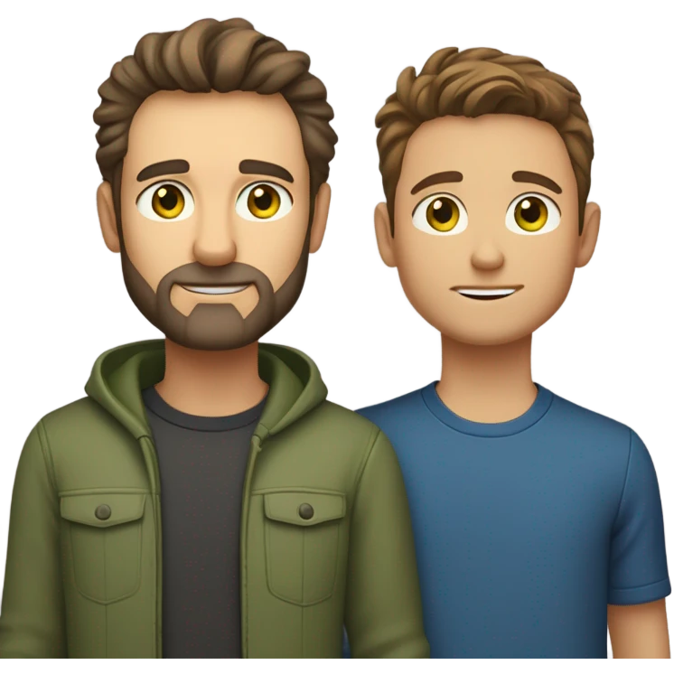 Handsome Father 40s green eyes with short full beard with Son 13s light brown eyes tousled bedhead look both has brunette hair light skin arms on shoulder portrait emoji