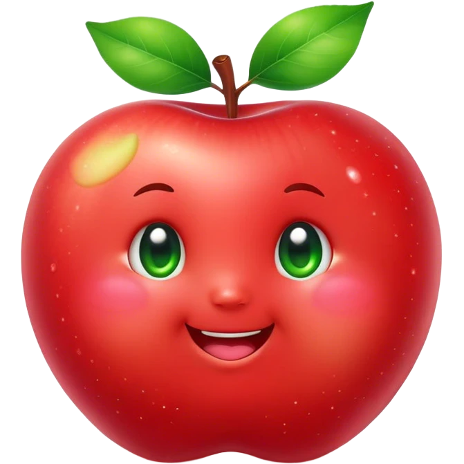 Cute Kawaii Apple, round and plump, bright shiny red with a tiny green leaf, chubby cheeks, sparkling eyes, a happy smile, soft glowing highlights, radiating fresh sweetness! emoji