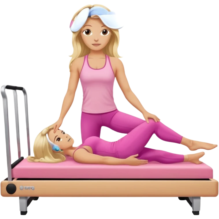 long haired blonde pilates instructor teaching reformer in pink set white reformer bed emoji