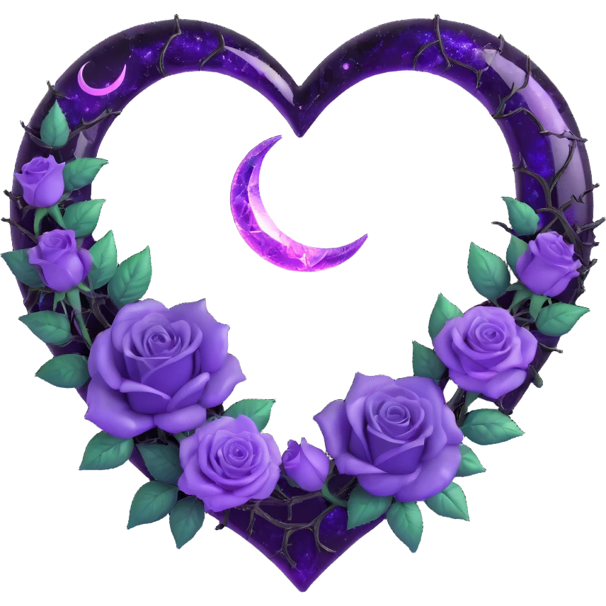 gothic heart made of ultraviolet glass, silver crescent moon, violet roses, holographic stardust, neon purple lightning, wet and cracked glass emoji