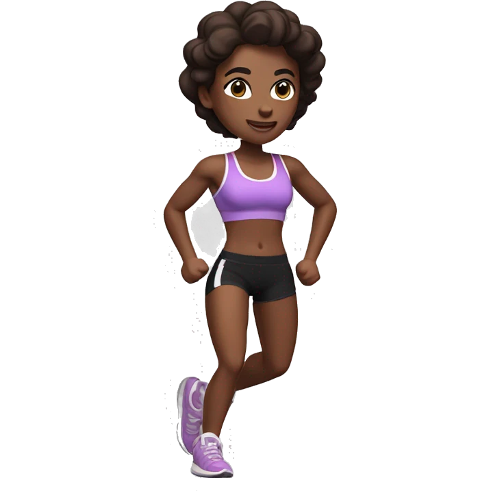 Running slim abs girl, paler white skin, brown hair, black sports bra, black shorts, lilac trainers emoji