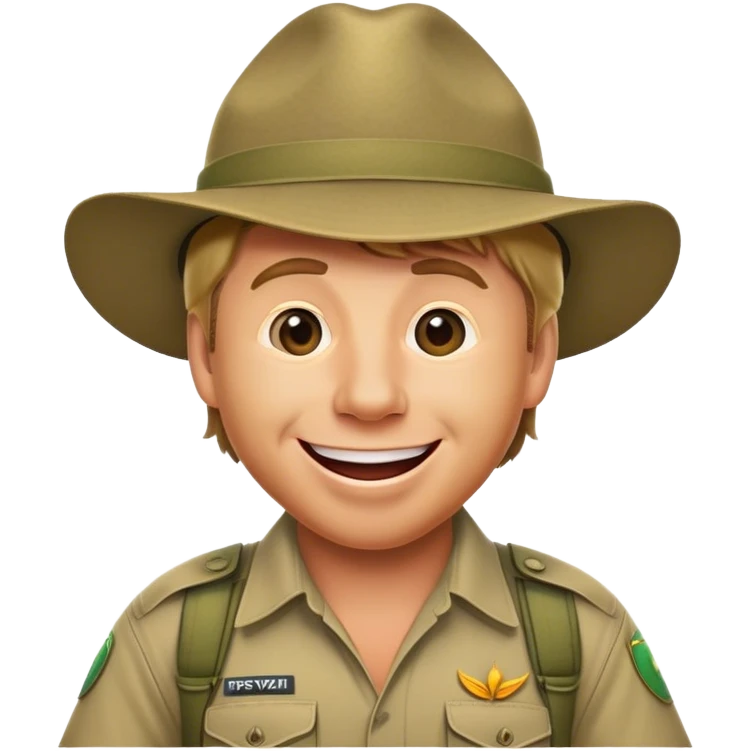 Cinematic Realistic Steve Irwin Portrait Emoji, depicted as a passionate wildlife expert in his signature khaki attire with an enthusiastic smile and a backdrop of the Australian outback, rendered with vibrant textures and dynamic natural lighting that captures his adventurous spirit. emoji