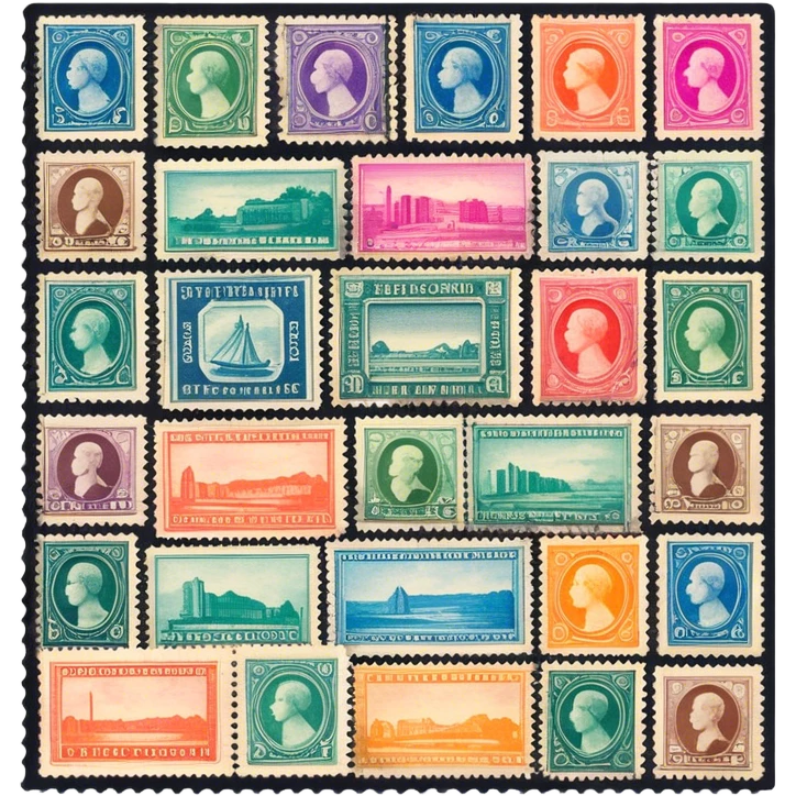 Icon for Stamp Collecting: a collection of vintage and colorful stamps arranged in an album or on a desk, with a large stamp block in the center showcasing different themes. The icon should reflect the charm and history of philately. Transparent background. emoji