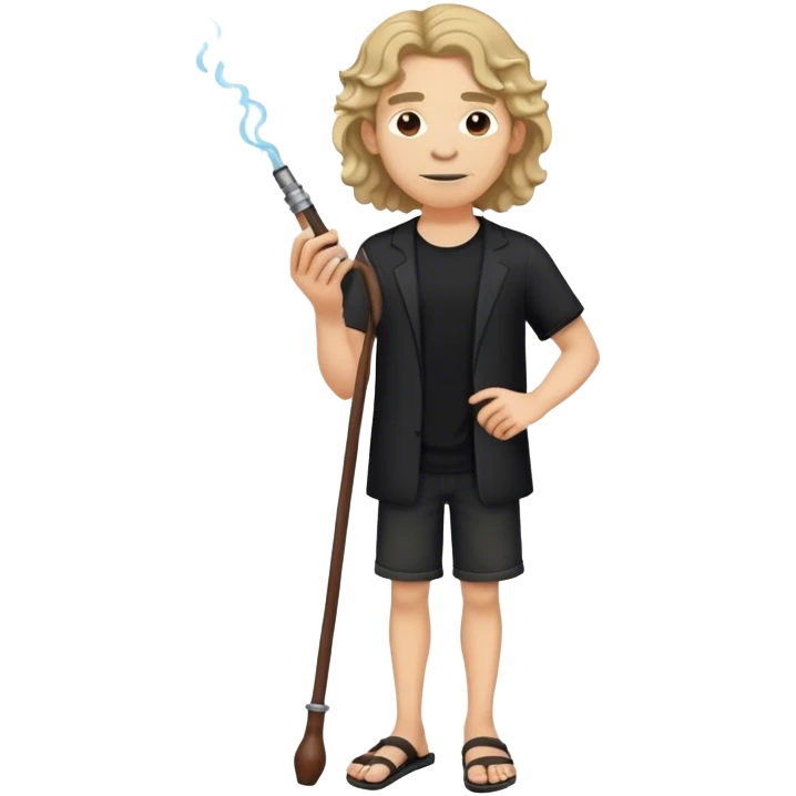 A tall, thin guy with shoulder-length wavy hair, wearing sandals and black clothes, holding a pipe emoji