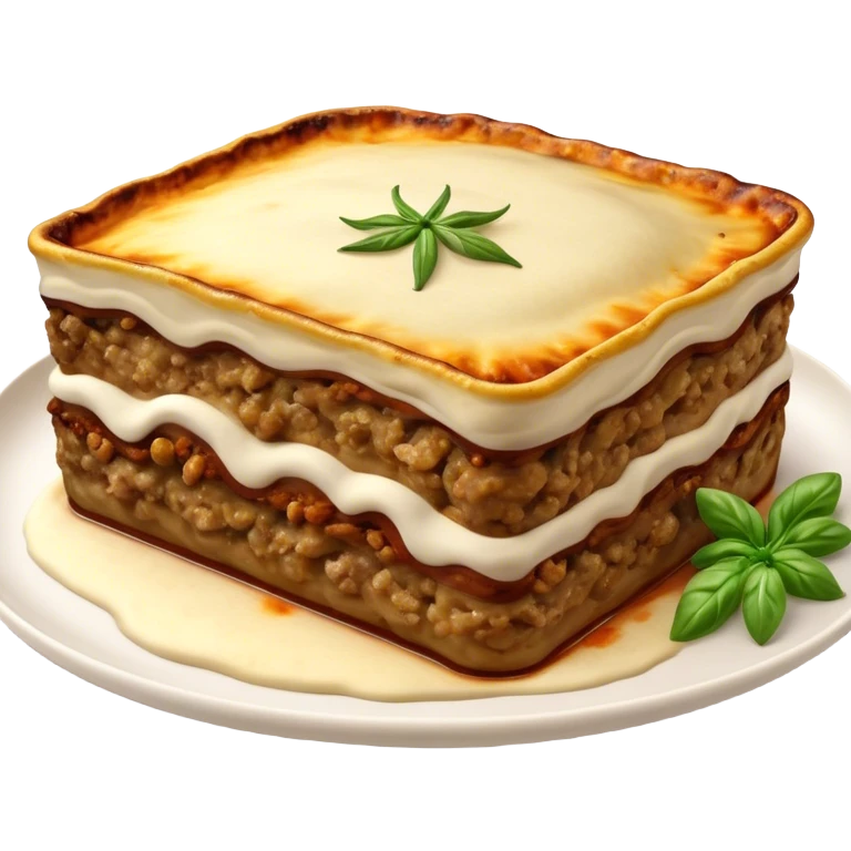 Moussaka Cinematic Realistic Moussaka Dish Emoji, depicted as a rustic serving of moussaka with layers of soft eggplant, ground meat, and a creamy topping featuring a delightfully crispy corner, rendered with rich textures and warm, inviting lighting. emoji