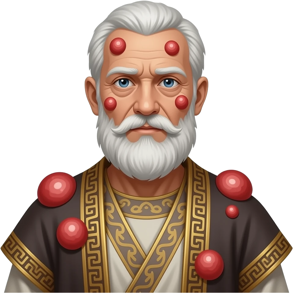 An old man in ancient clothing looks sick and is covered in large red boils cysts emoji