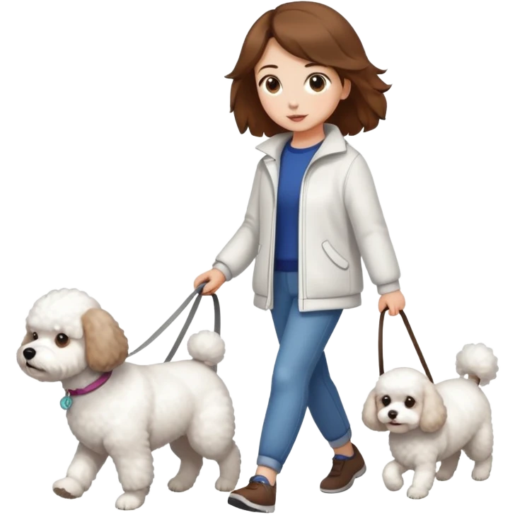 Brown-haired girl walks a Bichon Frise dog emoji