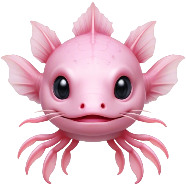 Cinematic Noble Axolotl Portrait Emoji, Poised and regal, with a slender, graceful build and smooth, pale pink skin adorned with feathery external gills, deep-set soulful dark eyes, Simplified yet sharp and sophisticated features, highly detailed, glowing with a soft, ethereal glow, high shine, intelligent and enigmatic, stylized with an air of aquatic elegance, focused and attentive, soft glowing outline, capturing the essence of a watchful and mystical creature, so majestic it feels as though it could glide out of the screen with effortless authority! emoji