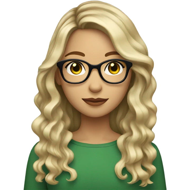 Girl with Longbob wavy dark Brown Hair and blond highlights in front of the hair and she wears glasses and has green eyes emoji