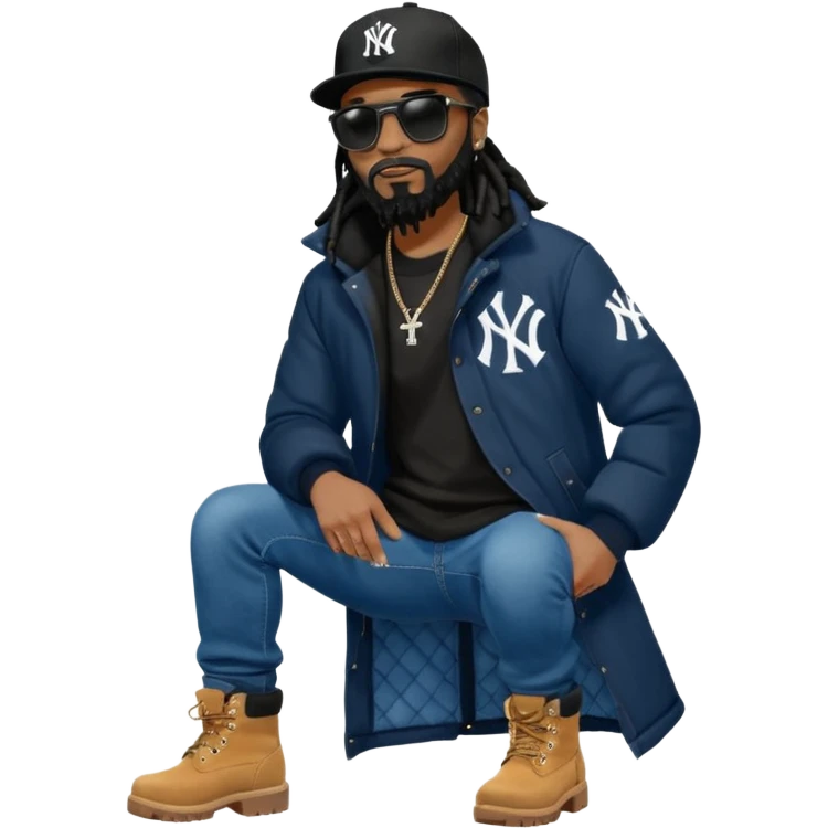 African American man with shoulder length black dreadlocks with black beard wearing black sunglasses wearing a black New York Yankees logo baseball cap wearing a black bubble winter coat wearing denim skinny jeans putting on timberland boots on his feet emoji