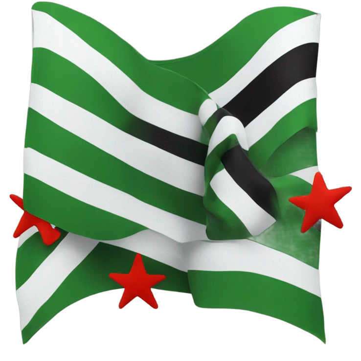 A flag with three horizontal stripes. The top stripe is green. The middle stripe is white. The bottom stripe is black. In the middle stripe, there lie 3 red stars evenly placed around the center but distanced far apart. emoji