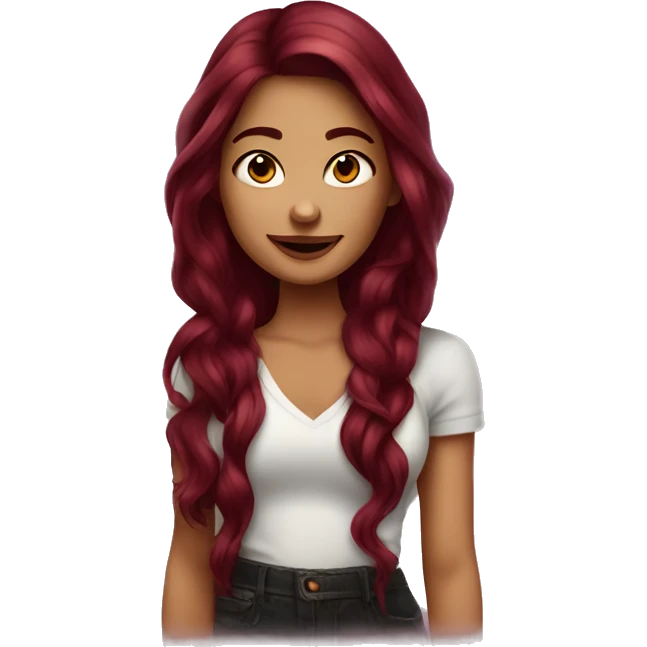 Beautiful tattooed  burgundy long haired woman blushing in love emoji