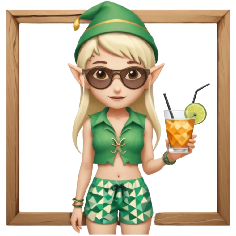 elf female legolas portrait, patterned board shorts (geometric/abstract), unique wooden-framed sunglasses, undercut hairstyle, slight smirk, visible pointy ears, no background, centered emoji, hipster summer vibe coctails with hat emoji