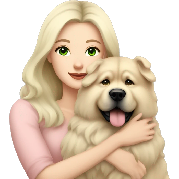 pretty woman with pale skin, very long black hair and green eyes and light pink outfit hugging a beige fluffy chow chow dog emoji